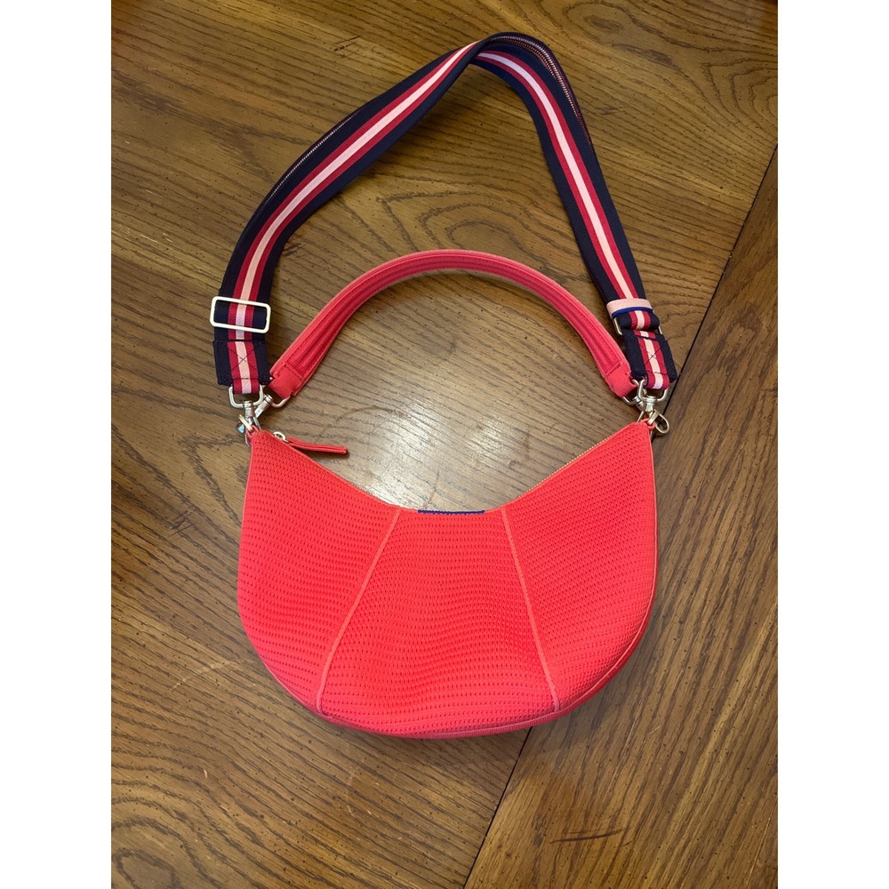 Rothy's Coral Pink Crescent Shoulder Bag with Striped Navy Strap